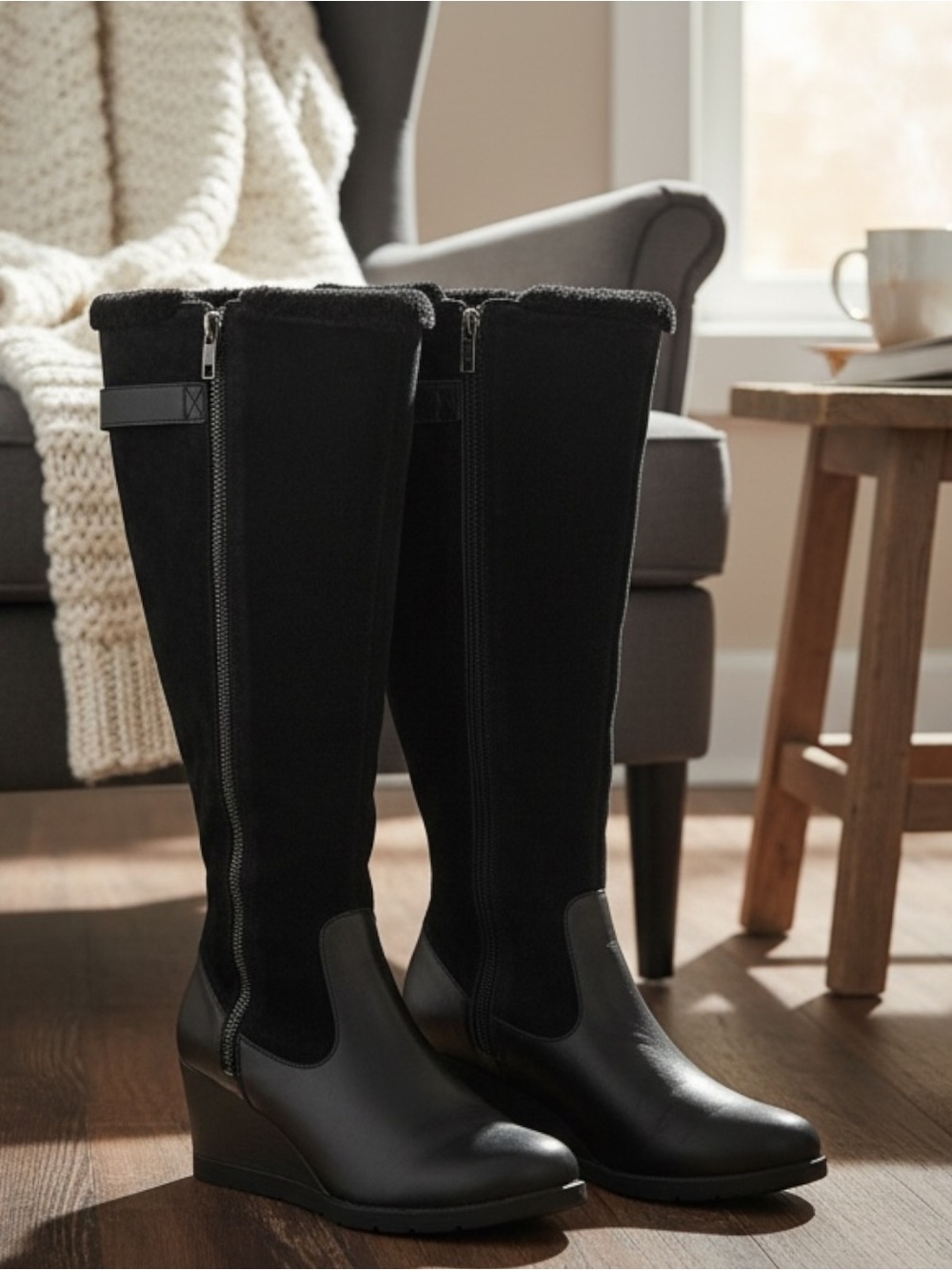 UGG Australia Mischa Black Leather Suede Tall Wedge Boots Waterproof Size 7